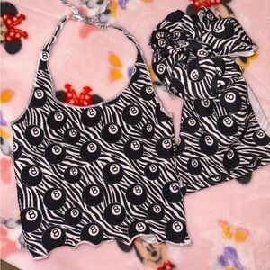 Black and White 8-Ball Print Halter Top and Headwrap Set